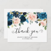Botanisches Navy Blue Floral Brautparty Vielen Dan Postkarte (Vorne/Hinten)