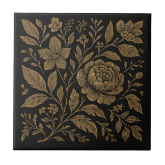 Botanisches Noir Gold auf schwarzer Keramik Tile Fliese