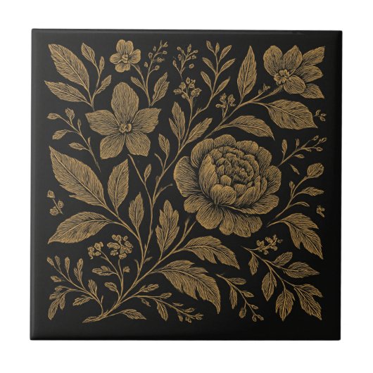 Botanisches Noir Gold auf schwarzer Keramik Tile Fliese (Vorderseite)