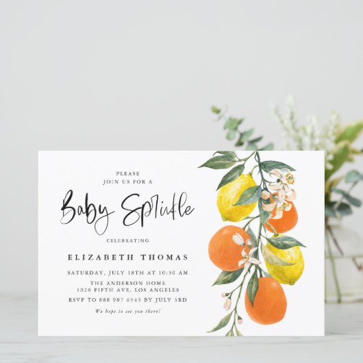 Botanisches Orange & Lemon Baby Sprinkle Einladung (Stehend Vorderseite)
