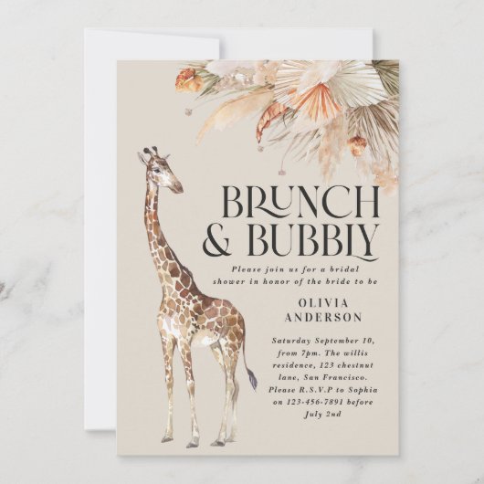 Botanisches Pampas-Gras-Giraffe-Brautparty Einladung (Vorderseite)