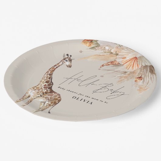 Botanisches Pampasgras Moderne Giraffe Safari Chic Pappteller (Schrägansicht)