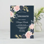 Botanisches Party Navy & Blush Quinceanera Einladung (Stehend Vorderseite)