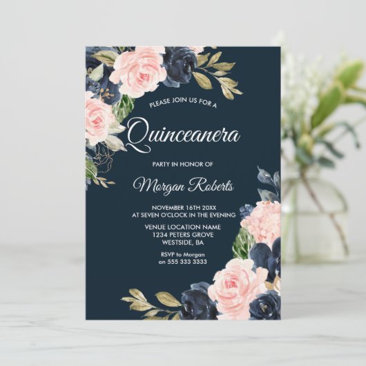 Botanisches Party Navy & Blush Quinceanera Einladung (Stehend Vorderseite)