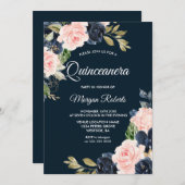 Botanisches Party Navy & Blush Quinceanera Einladung (Vorne/Hinten)