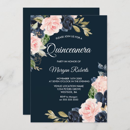 Botanisches Party Navy & Blush Quinceanera Einladung (Vorne/Hinten)
