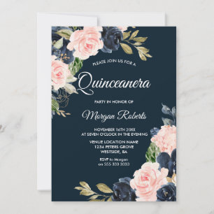 Botanisches Party Navy & Blush Quinceanera Einladung