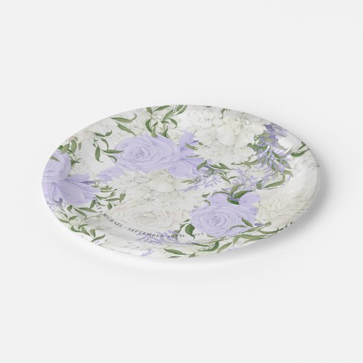 Botanisches Periwinkle Wasserfarbenhochzeit Pappteller (Schrägansicht)