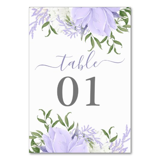 Botanisches Periwinkle Wasserfarbenhochzeit Tischnummer (Vorderseite)