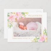 Botanisches Pink-Babymädchen Foto Ankündigungspostkarte (Vorne/Hinten)