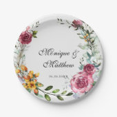 Botanisches Pink und Burgund Blumenhochzeit Pappteller (Vorderseite)