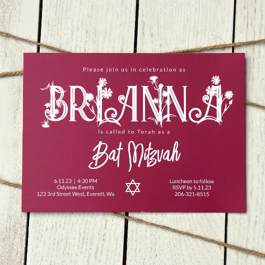 Botanisches rosa Bat Mitzvah Floral Letters Einladung