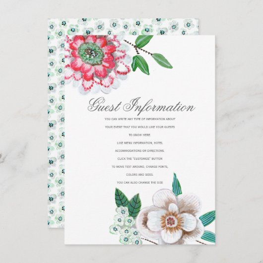 Botanisches rosa grünes Blumengast-Informationskar Begleitkarte (Vorne/Hinten)