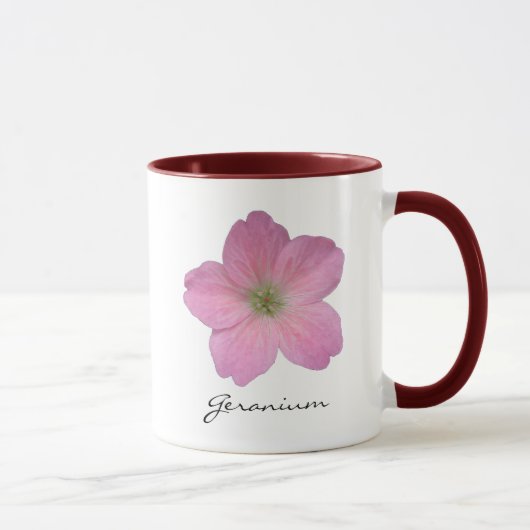 Botanisches rosa Pelargonie-Blumen-Foto mit Namen Tasse (Rechts)