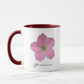 Botanisches rosa Pelargonie-Blumen-Foto mit Namen Tasse (Links)