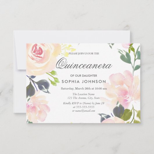 Botanisches Rosa Quinceanera Einladung (Vorderseite)