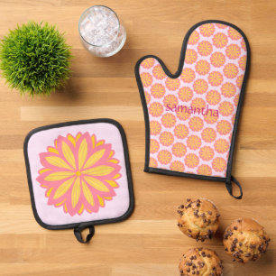 Botanisches Rosa und Gelbe Blume Ofenhandschuh & Topflappen-Set