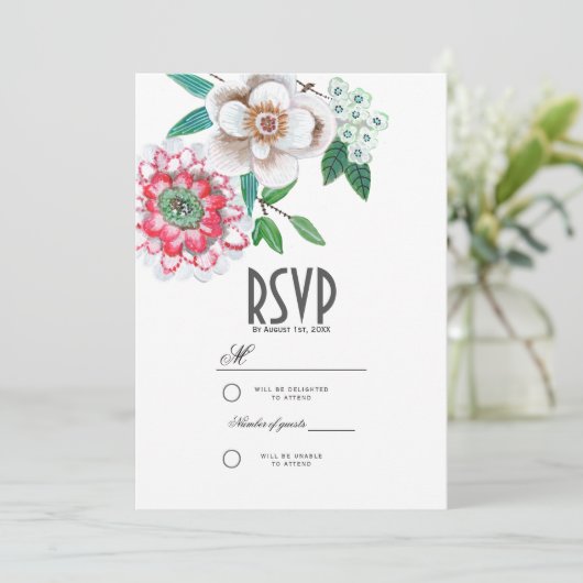 Botanisches Rosa und grüne Hand bemalt Blumen Einladung (Stehend Vorderseite)