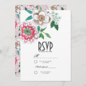 Botanisches Rosa und grüne Hand bemalt Blumen Einladung (Vorne/Hinten)