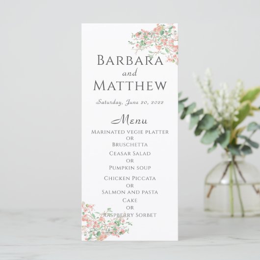 Botanisches Rosa und grünes Boho Wedding Menu Card (Stehend Vorderseite)