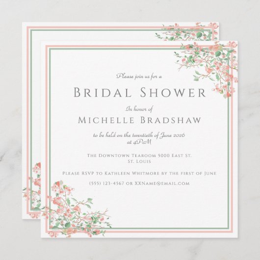 Botanisches Rosa und grünes Brautparty Einladung (Vorne/Hinten)