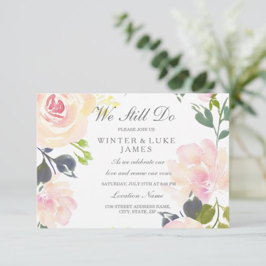 Botanisches Rosa Vow Wiedereröffnung Einladung (Stehend Vorderseite)