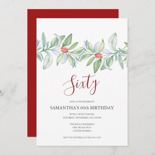 Botanisches Rot und Grün Weihnachten 60. Geburtsta Einladung (Vorne/Hinten)