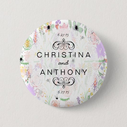 Botanisches Rustikales Wasserfarben Hochzeitsgesch Button (Vorderseite)