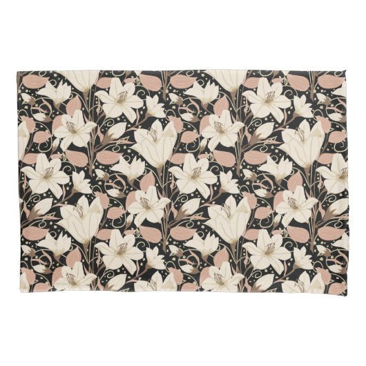 Botanisches Schwarz-Beige-Lily-Floral-Muster Kissenbezug (Vorderseite-Links)