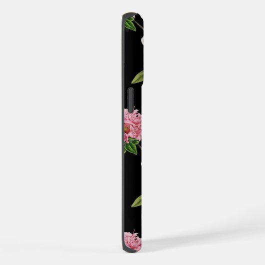 Botanisches Schwarz mit rosa Blume iPhone Hülle (Rechte Seite)