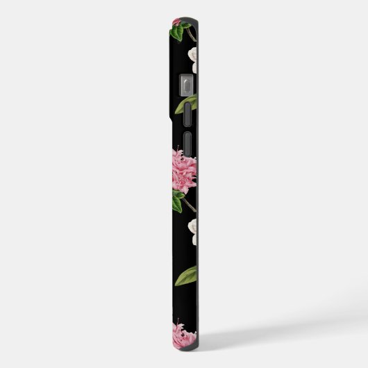 Botanisches Schwarz mit rosa Blume iPhone Hülle (Linke Seite)
