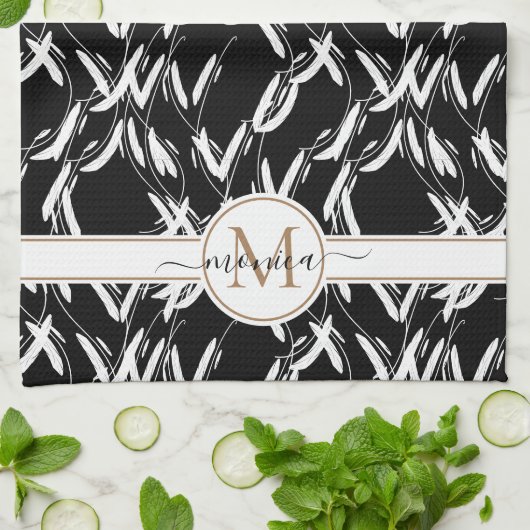 Botanisches Schwarz-Weiß-Blütengold Mit Monogramm Geschirrtuch (Gefaltet)