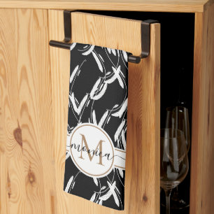 Botanisches Schwarz-Weiß-Blütengold Mit Monogramm Geschirrtuch