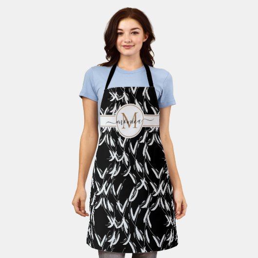 Botanisches Schwarz-Weiß-Blütengold Mit Monogramm Schürze (Getragen)