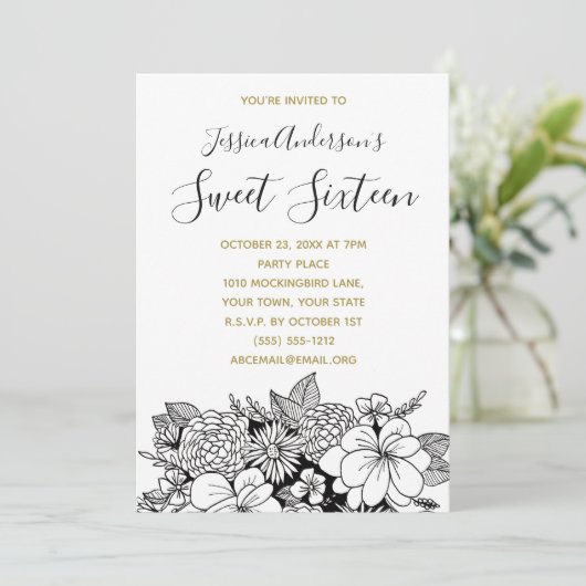 Botanisches Schwarz-weißes Blumengold Süß 16 Einladung (Stehend Vorderseite)