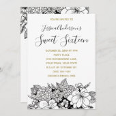 Botanisches Schwarz-weißes Blumengold Süß 16 Einladung (Vorne/Hinten)