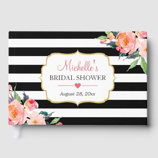 Botanisches Schwarz-weißes Streifen-Brautparty Gästebuch (Vorderseite)