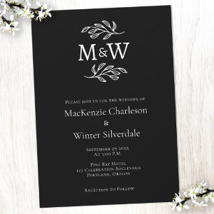 Botanisches Schwarzes Hochzeitspaar Monogram Einladung