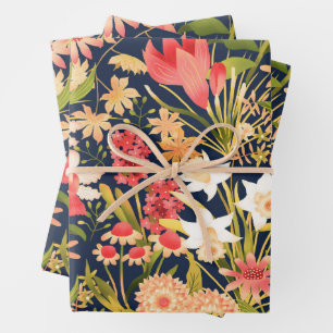 Botanisches schwarzes Umschlagpapier - flaches Set Geschenkpapier Set