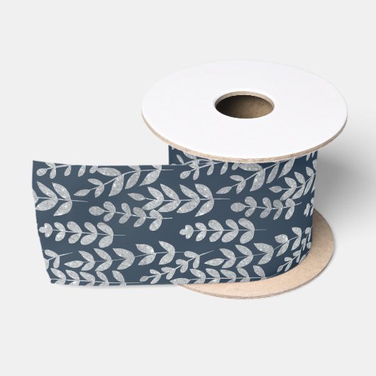 Botanisches Silber Blätter Vines Navy Blue Wall Satinband (Spule)
