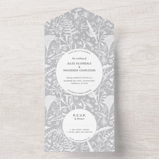 Botanisches Silbergrau-Muster All In One Einladung (Innen Boden)