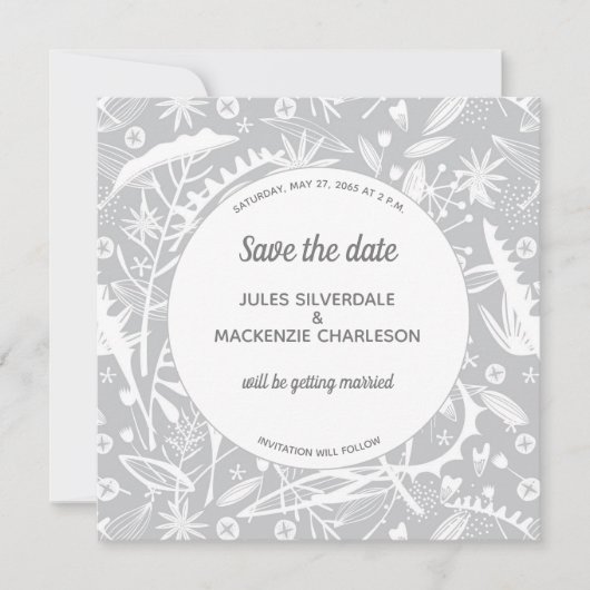 Botanisches Silbergraumuster Save the Date Einladung (Vorderseite)