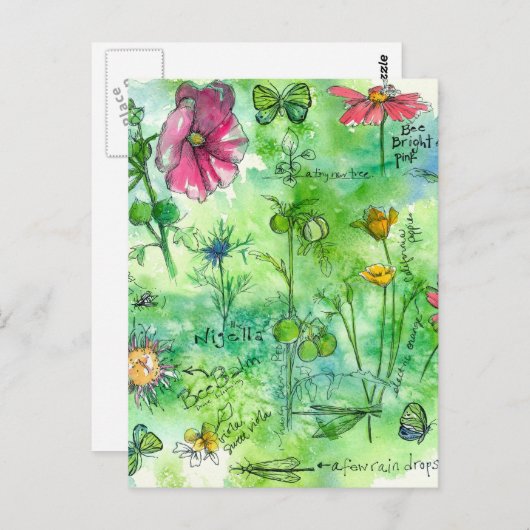Botanisches Sketchbook Butterfly Wasserfarbe Blume Postkarte (Vorne/Hinten)