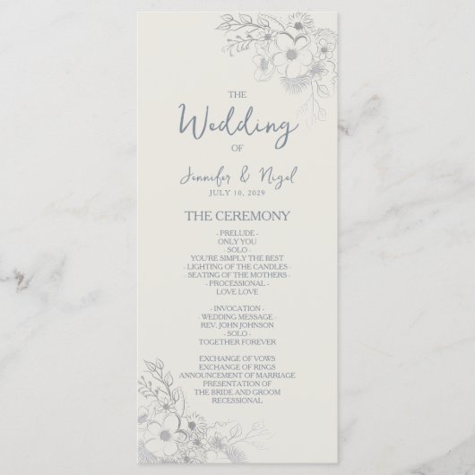 Botanisches Staubblau-Hochzeitsprogramm Programm (Vorderseite)