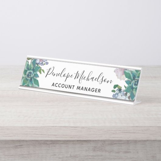 Botanisches Sukkulent mit Blütenblättern, Name und Schreibtischnamensplakette (Vorderseite )