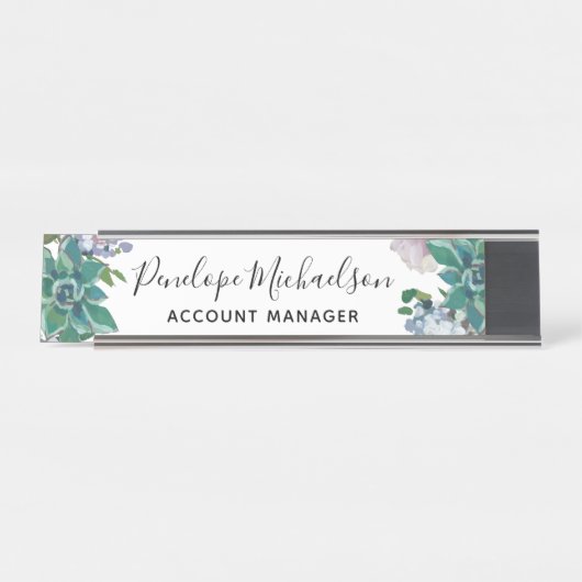 Botanisches Sukkulent mit Blütenblättern, Name und Schreibtischnamensplakette (Vorderseite )