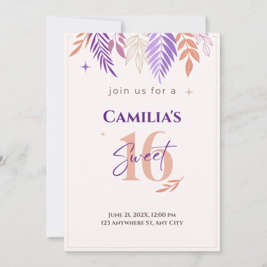 Botanisches Süßes lila und pfirsichfarben 16 Einla Einladung (Vorderseite)