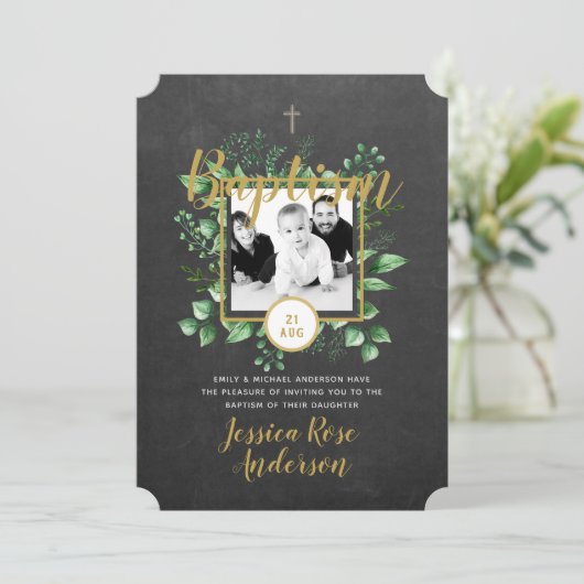 Botanisches Taufen FOTO Einladungen Junge oder Mäd (Stehend Vorderseite)
