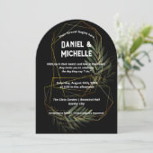 Botanisches Thema der modernen schwarzen Goldhochz Einladung (Stehend Vorderseite)