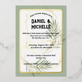 Botanisches Thema der modernen schwarzen Goldhochz Folieneinladung